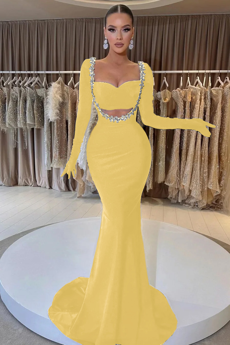 Charming Black Velvet Long Sleeve Beaded Long Mermaid Prom Dress With Gloves