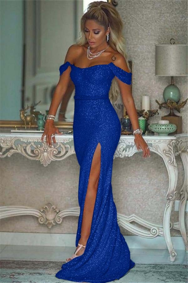 Pink Sequins Off the Shoulder Mermaid Elegant Prom Dresses With Split