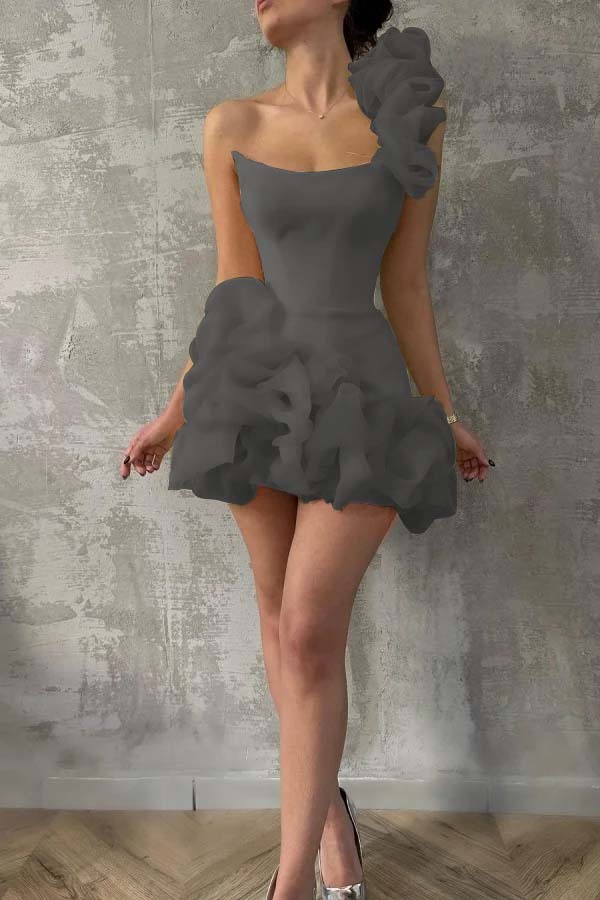 One Shoulder Sleeveless Short Prom Dress With Pleated Tulle