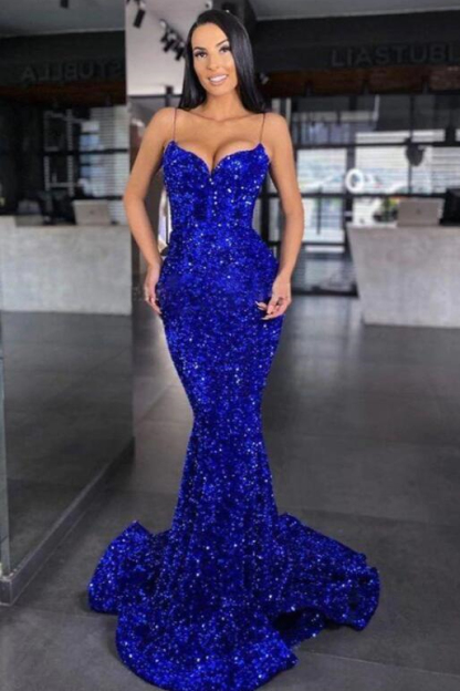 Sweetheart Royal Blue Spaghetti Strap Mermaid Long Prom Dress With Sequins