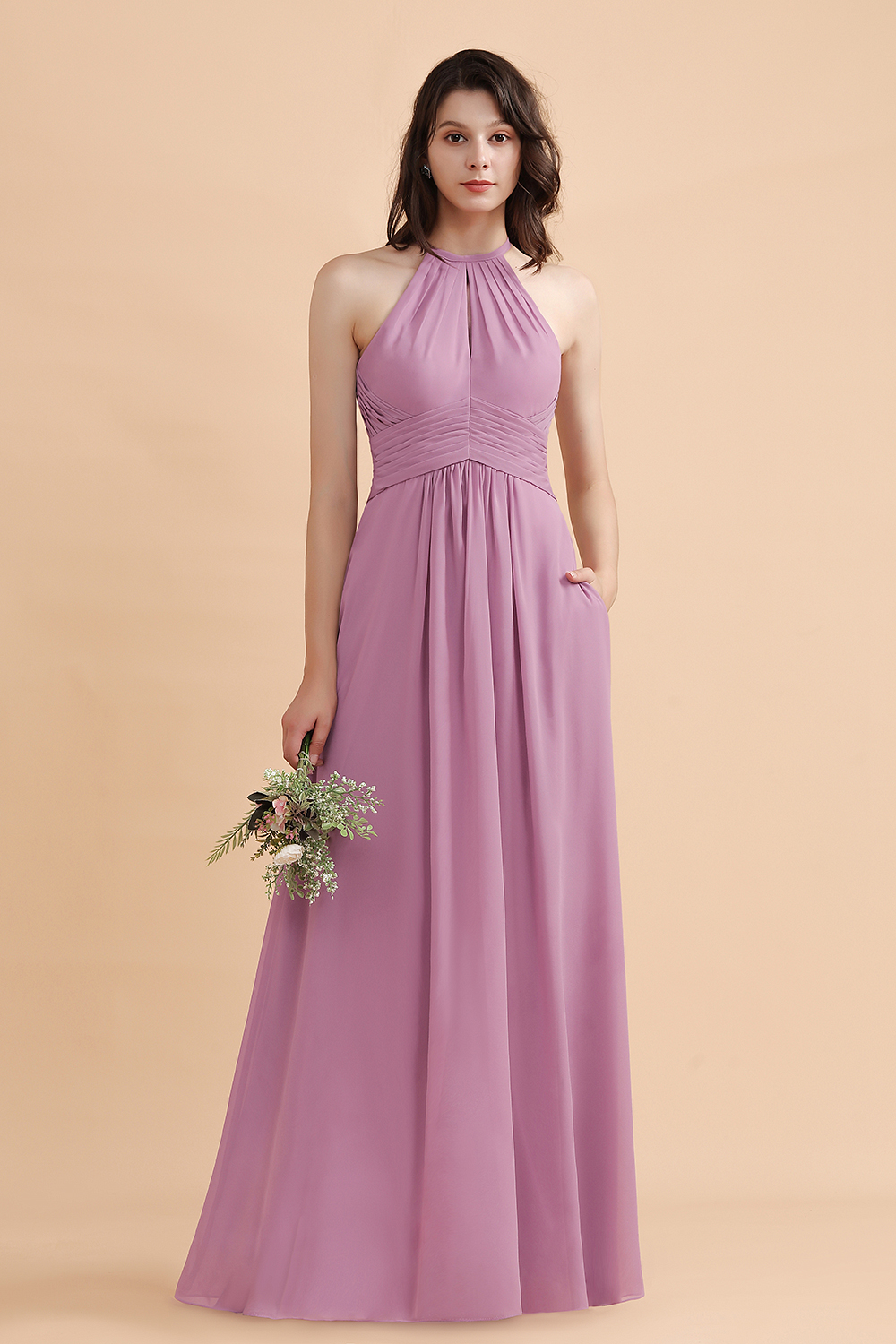 BMbridal Elegant Jewel Wisteria Chiffon Ruffles Bridesmaid Dress with Pockets On sale-BMbridal