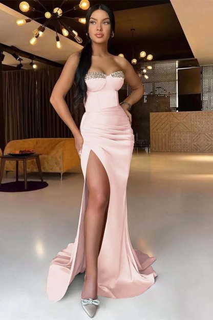 Gorgeous Dark Champagne Strapless Mermaid Long Prom Dress Split With Pleated Ruffles Beads