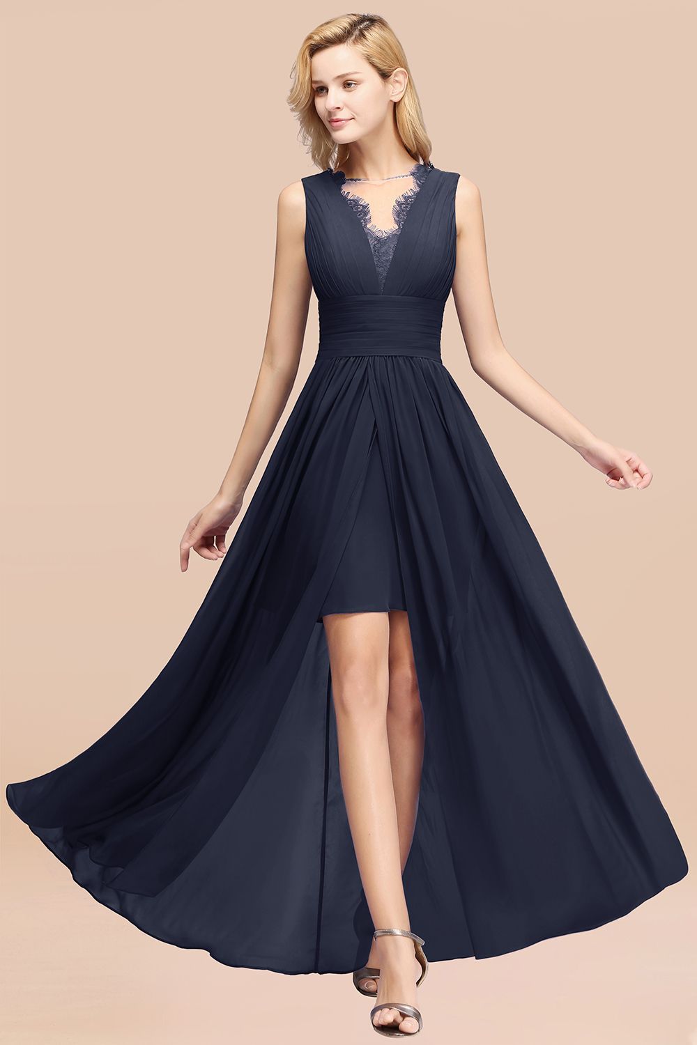 BMbridal Elegant Chiffon Lace Jewel Sleeveless Bridesmaid Dress with Ruffle-BMbridal
