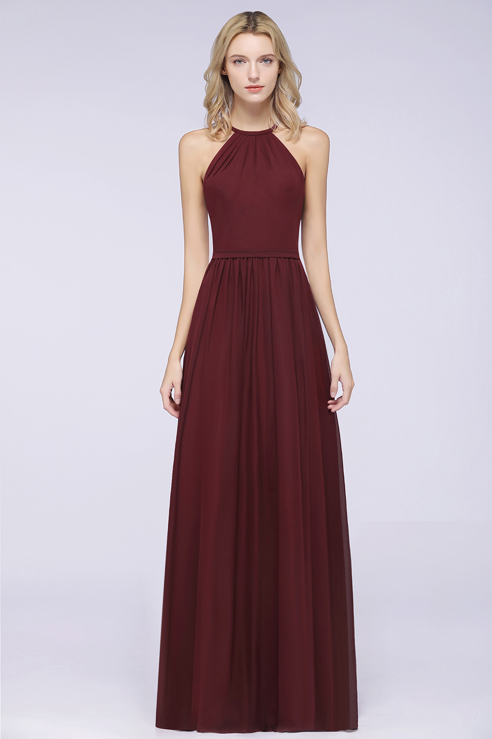BMbridal Affordable Halter Sleeveless Long Burgundy Bridesmaid Dress with Ruffle-BMbridal