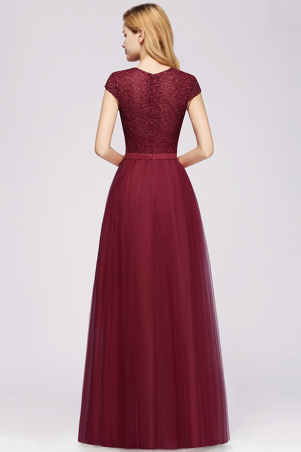 BMbridal Elegant Lace Cap-Sleeves Long Burgundy Birdesmaid Dresses Online-BMbridal