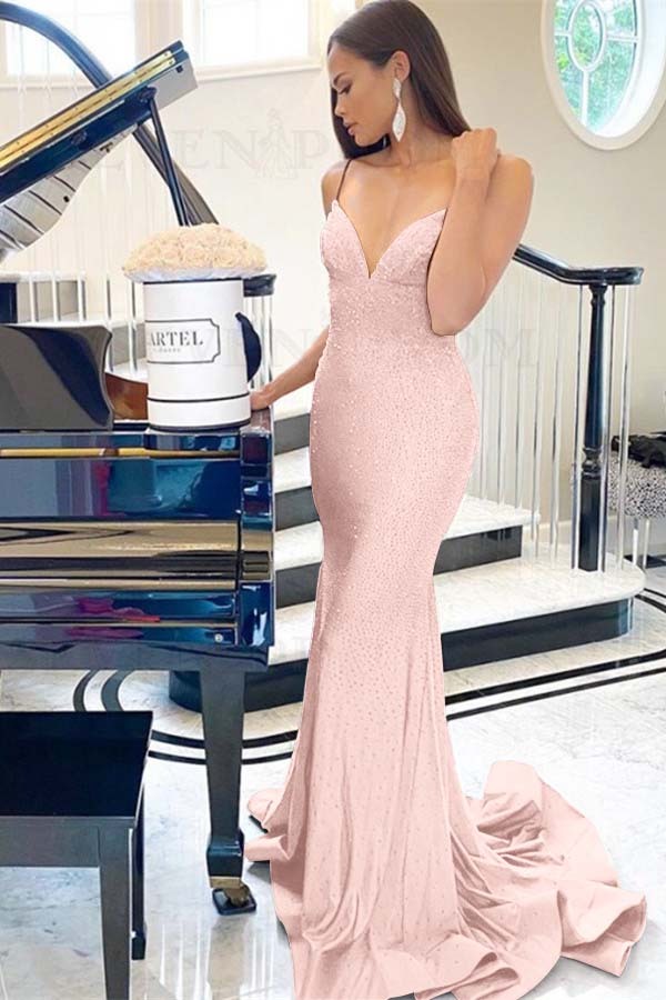 Purple Spaghetti Strap V Neck Sleeveless Prom Dress Mermaid With Beadings