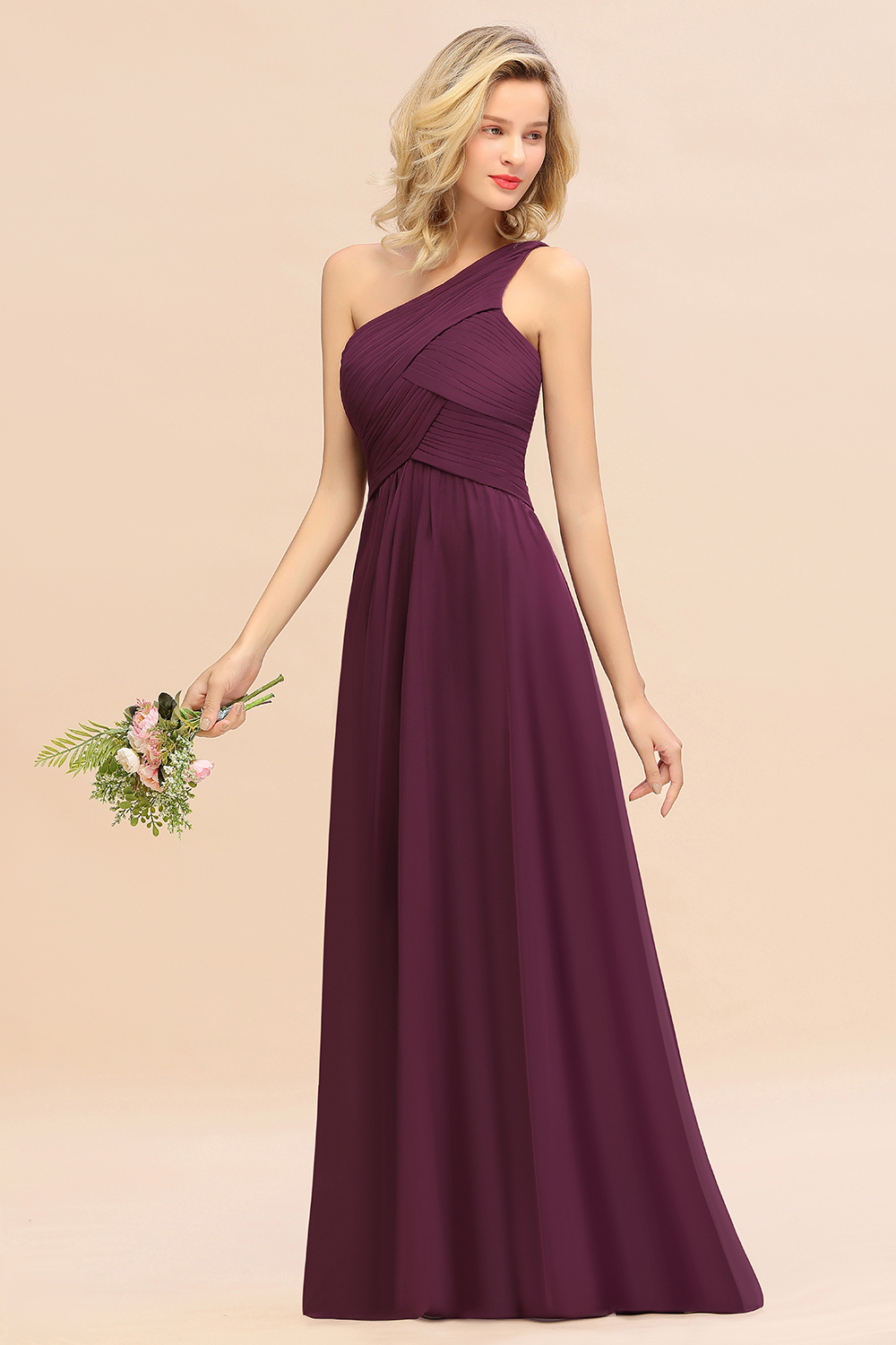 BMbridal Chic One Shoulder Ruffle Grape Chiffon Bridesmaid Dresses Online-BMbridal