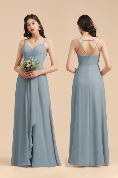 Affordable V-Neck Ruffle Dusty Blue Chiffon Bridesmaid Dresses-BMbridal