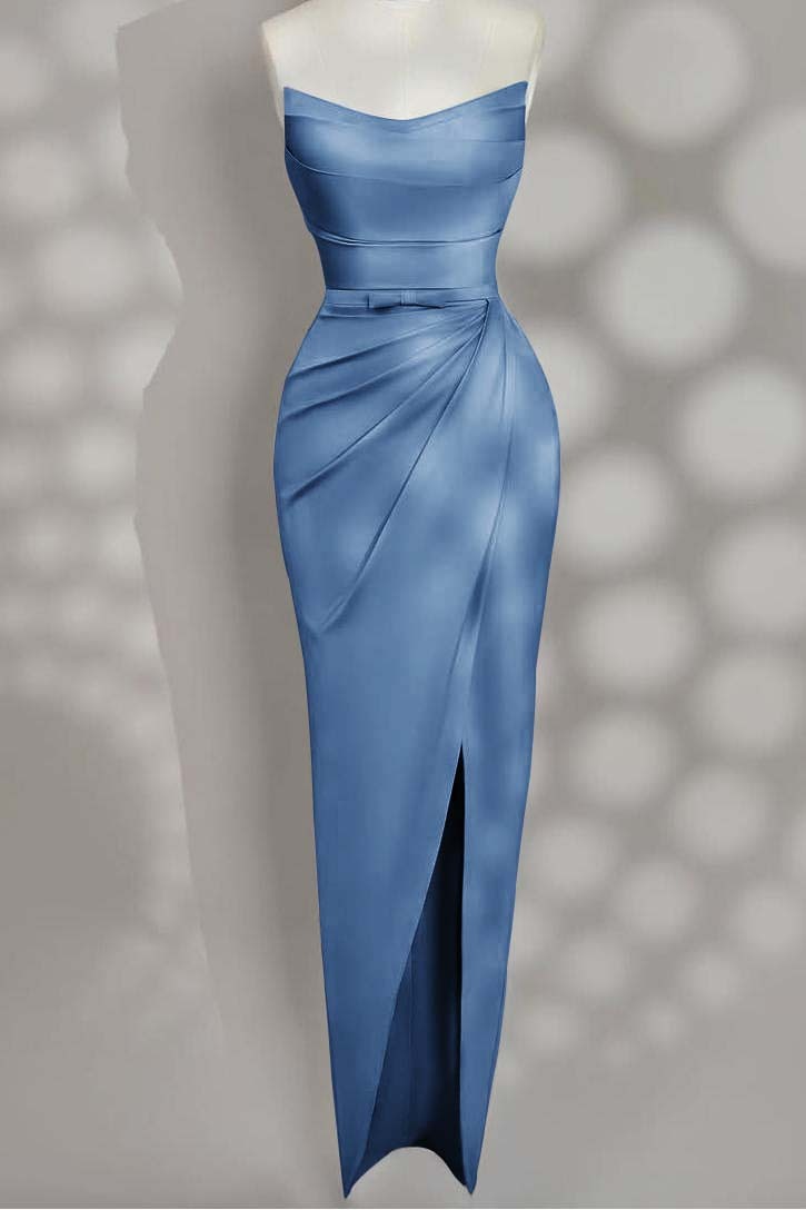 Strapless Sleeveless Long Split Prom Dress With Pleated Bowknot