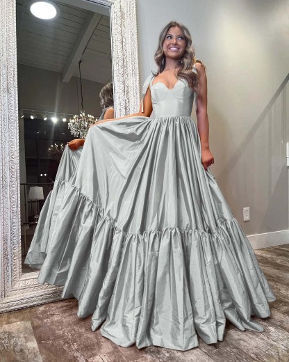 Sleeveless Straps Sweetheart Long Prom Dress With Ruffles Pleated