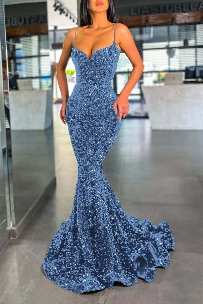 Spaghetti Strap Sleeveless Long Mermaid Prom Dress With Sequins