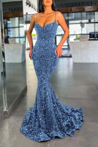 Spaghetti Strap Sleeveless Long Mermaid Prom Dress With Sequins
