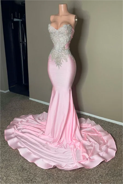 Stunning Pink Sleeveless Strapless Mermaid Long Prom Dress With Embroidery