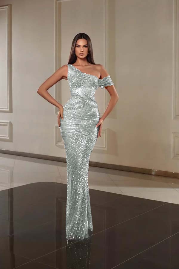 One Shoulder Sleeveless Long Mermaid Prom Dress With Beading