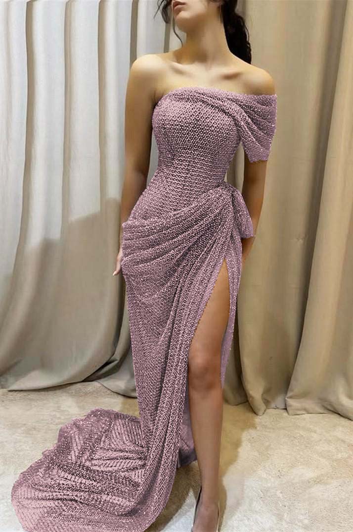 One Shoulder Sleeveless Long Mermaid Prom Dress With Split Pleated