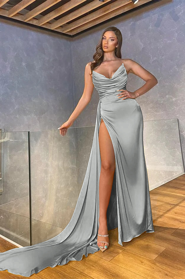 Chic Mermaid Strapless Sleeveless Long Pleated Prom Dress With High Split