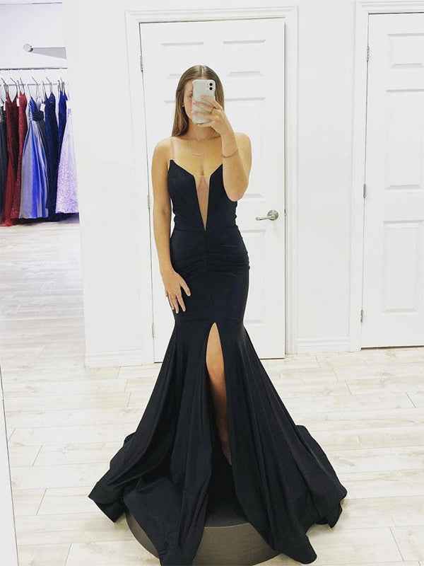 Black Mermaid Strapless Deep V Neck Satin Long Prom Dress with Slit