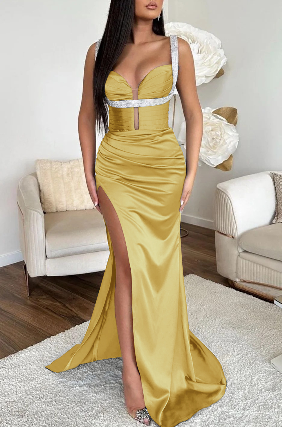 Ocean Blue Mermaid Prom Dress Spaghetti Strap With High Slit Sleeveless