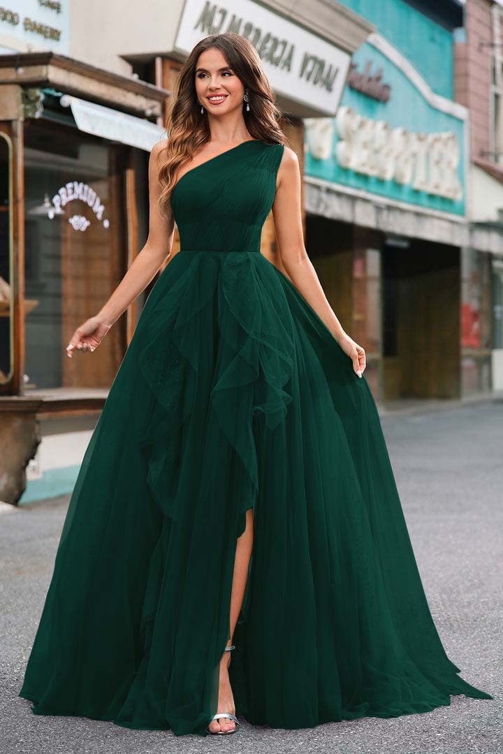 One Shoulder Sleeveless Long Split Prom Dress With Sequins Tulle