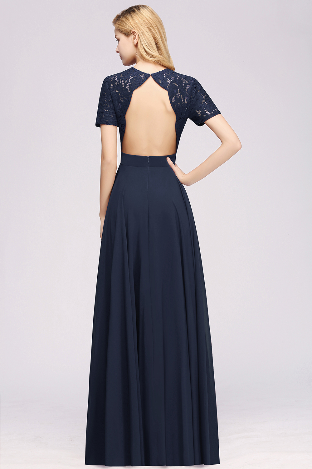 BMbridal Dark Navy Open-Back Long Bridesmaid Dress With Short Sleeves-BMbridal