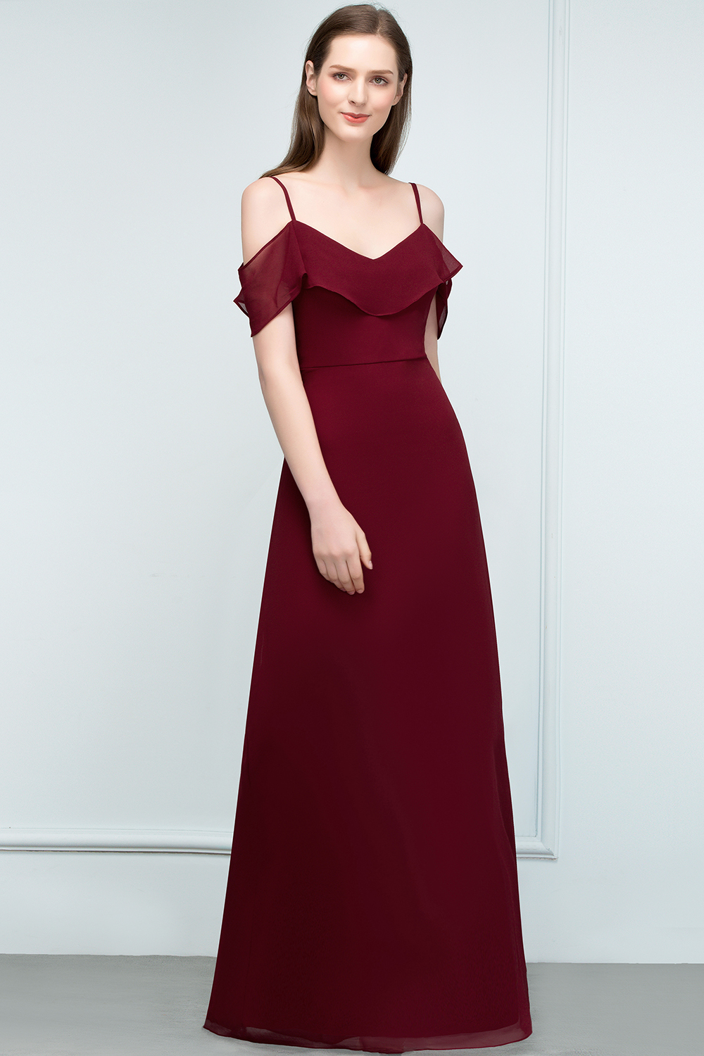 BMbridal Affordable Off-the-shoulder Burgundy Chiffon Bridesmaid Dress With Spaghetti Straps-BMbridal
