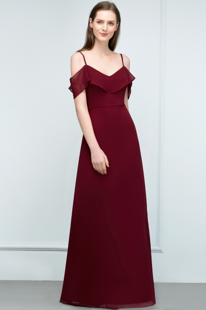 BMbridal Affordable Off-the-shoulder Burgundy Chiffon Bridesmaid Dress With Spaghetti Straps-BMbridal