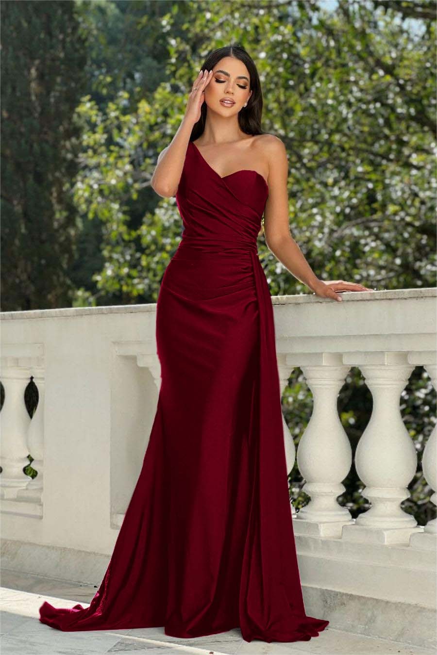 One Shoulder Sleeveless Long Mermaid Prom Dress With Pleated
