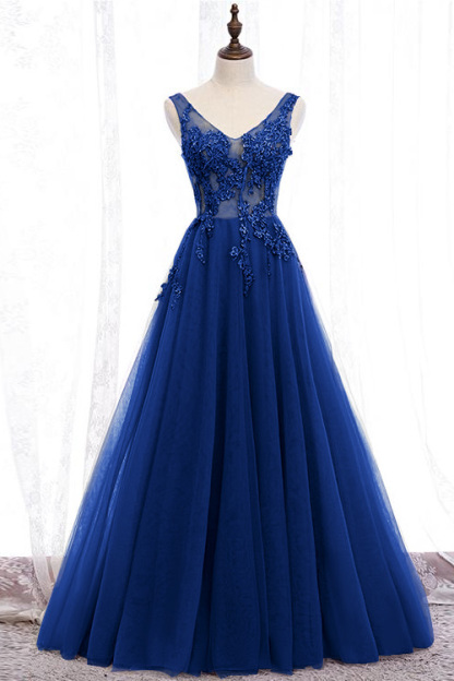 Glamorous Purple V Neck Sleeveless Long A Line Prom Dress With Appliques