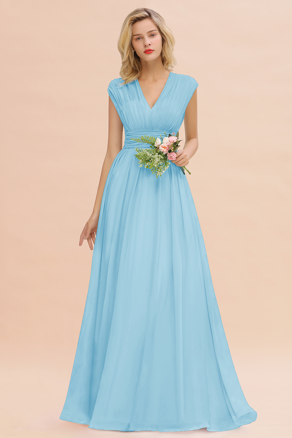 BMbridal Elegant Chiffon V-Neck Ruffle Long Bridesmaid Dresses Affordable-BMbridal