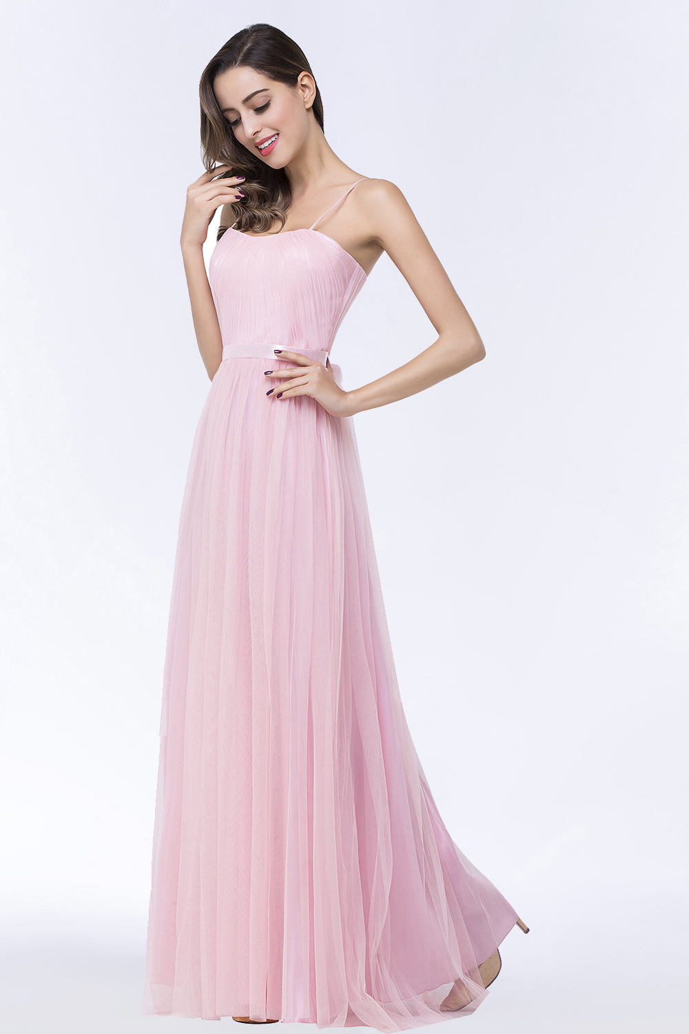 BMbridal Modest Spaghetti-Straps Sweetheart Long Bridesmaid Dress with Sash-BMbridal
