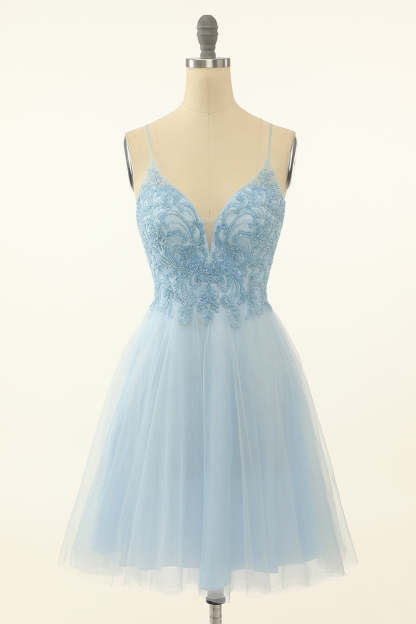 Blue A-line Cute Homecoming Dress with Appliques