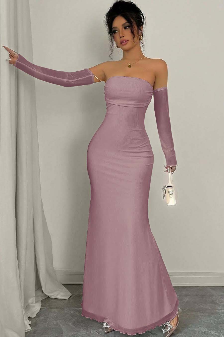 Strapless Long Mermaid Prom Dress With Detachable Sleeves Pleated