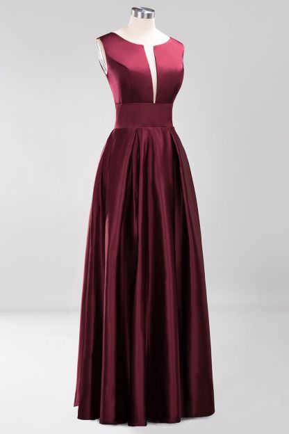 BMbridal Vintage Deep-V-Neck Long Burgundy Bridesmaid Dress Online-BMbridal