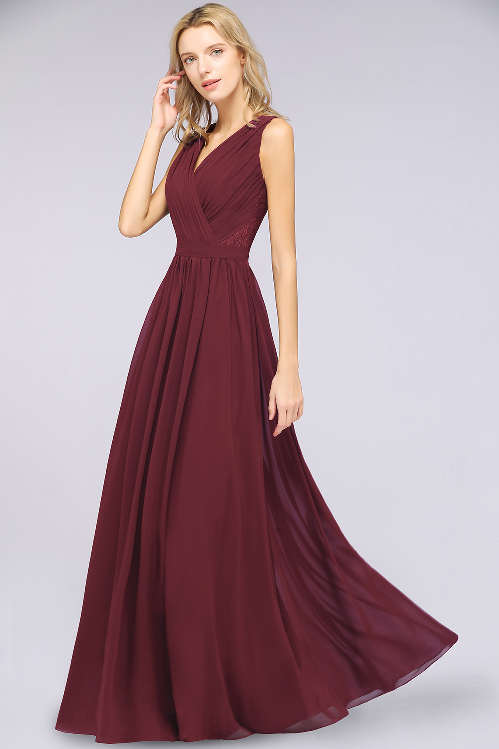 BMbridal Affordable Burgundy V-Neck Ruffle Bridesmaid Dresses with Lace-Back-BMbridal