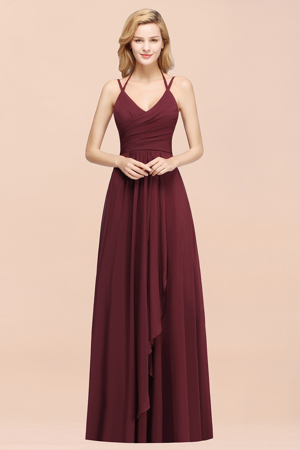 BMbridal Affordable Chiffon Burgundy Bridesmaid Dress With Spaghetti Straps-BMbridal