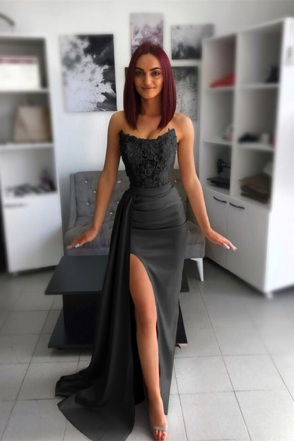 Amazing Strapless Sleeveless Mermaid Split Prom Dress With Appliques Ruffles