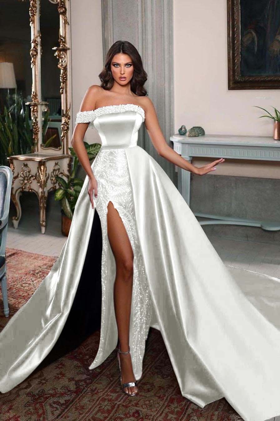 One Shoulder Sleeveless Long Split Prom Dress With Pleated Beading