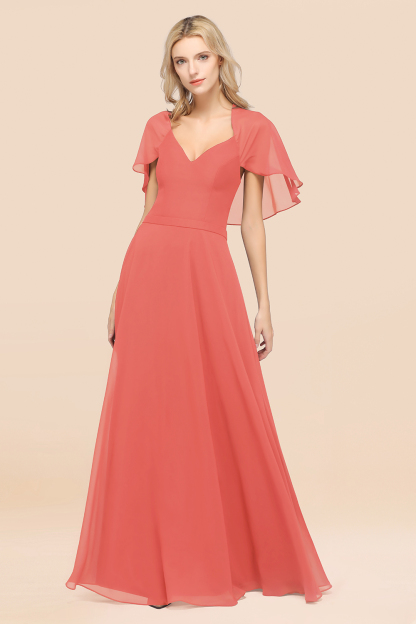 BMbridal Chic Satin V-Neck Long Burgundy Chiffon Bridesmaid Dress with Flutter Sleeve-BMbridal