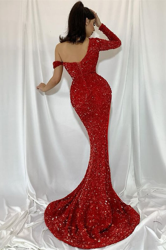Sequins Mermaid Red One Shoulder Long Sleeve Long Prom Dress With Split