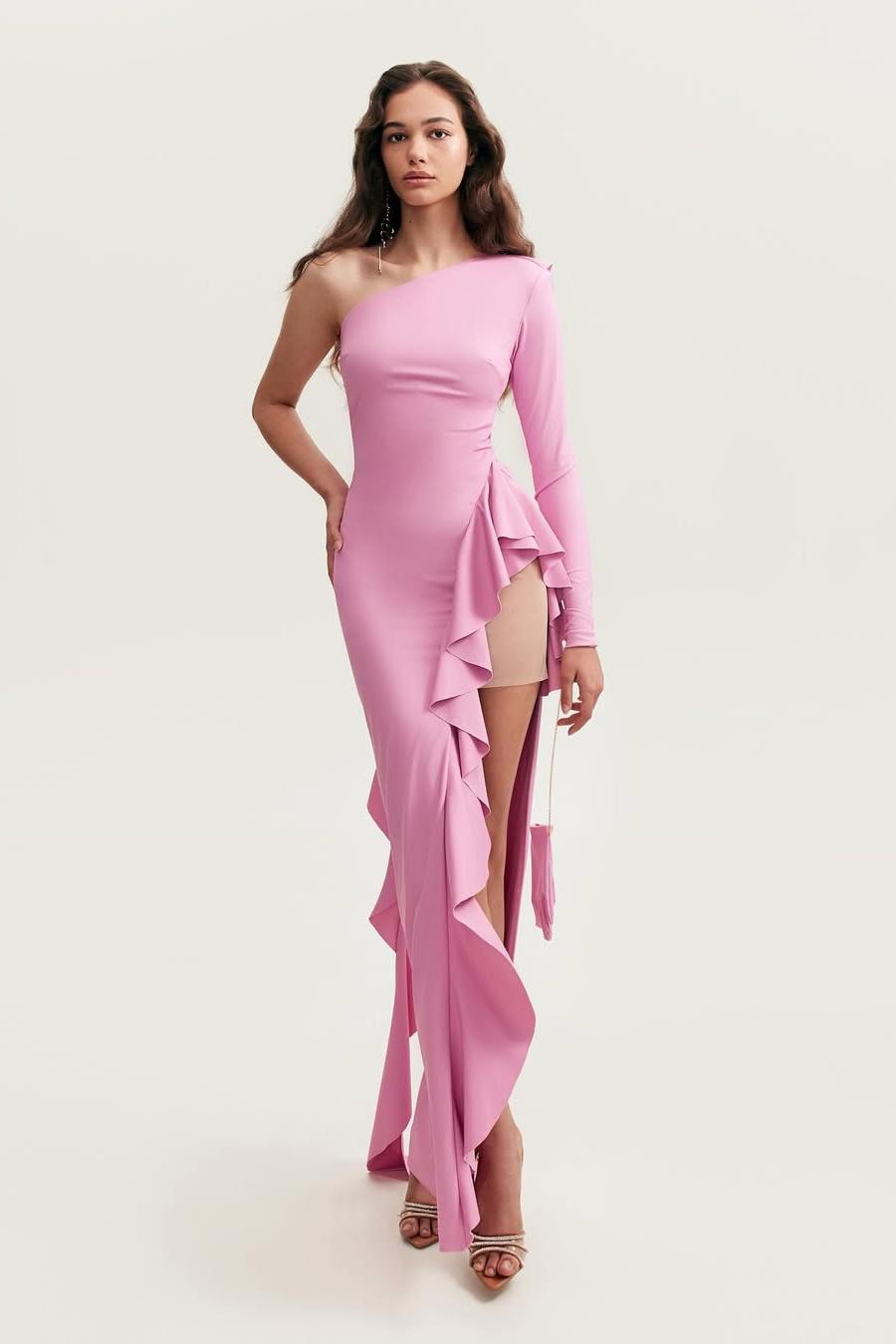 One Shoulder Long Sleeves High Split Long Prom Dress With Ruffles