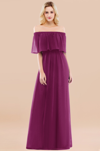 BMbridal Vintage Off-the-Shoulder Long Burgundy Bridesmaid Dress with Ruffle-BMbridal
