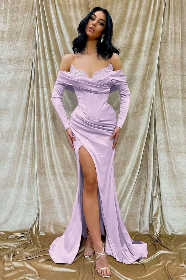 Off the Shoulder Long Sleeves Long Split Prom Dress With Beading