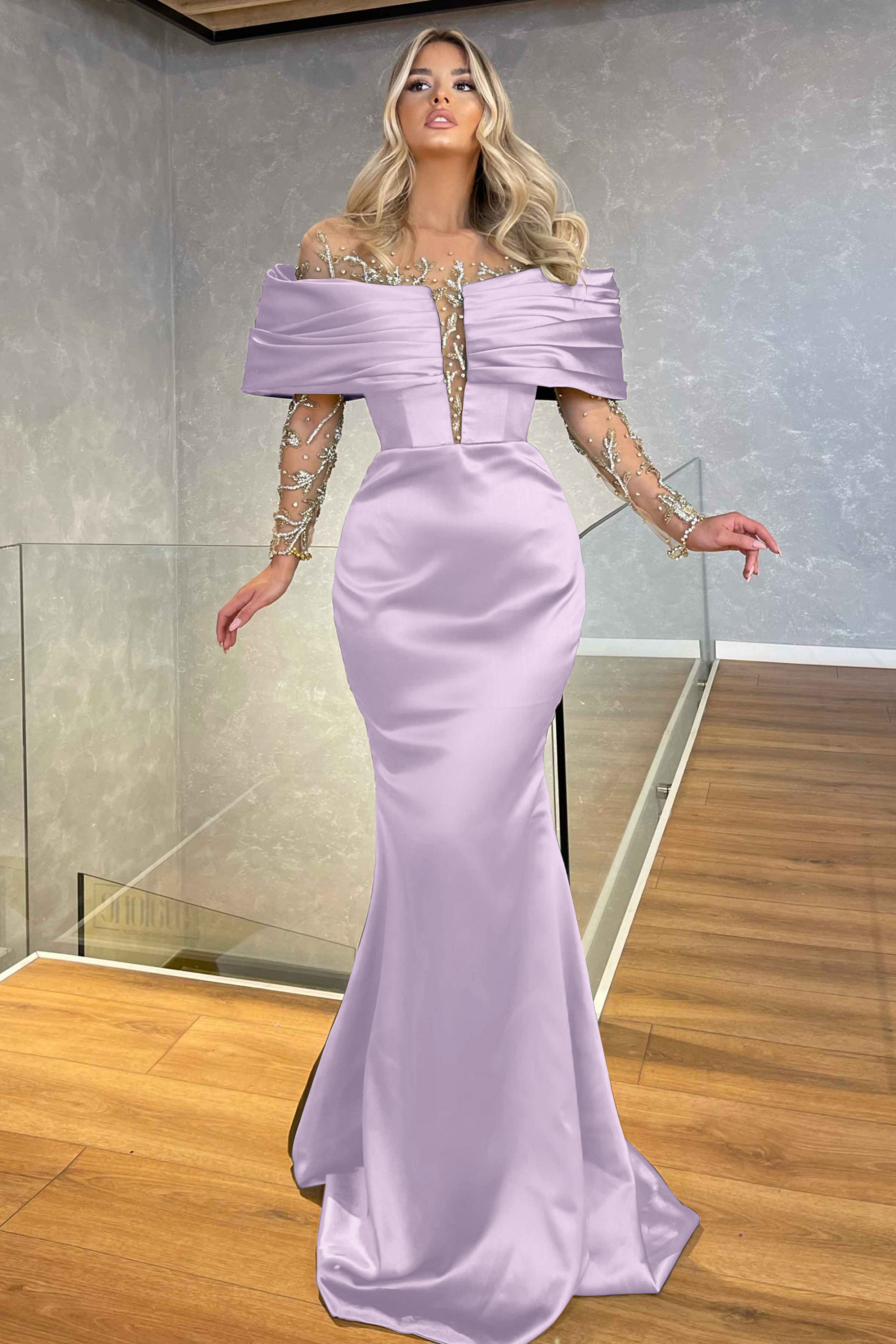 Green Prom Dress Off the Shoulder Long Sleeves Beading Embellished