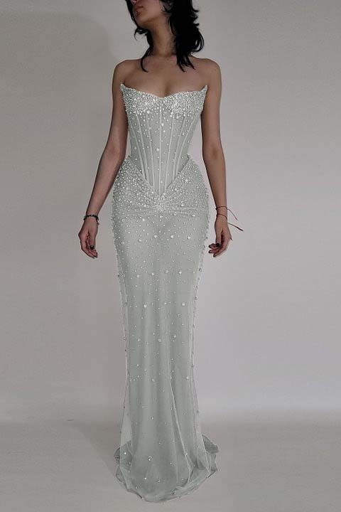 Strapless Sleeveless Mermaid Long Prom Dress With Beading Tulle
