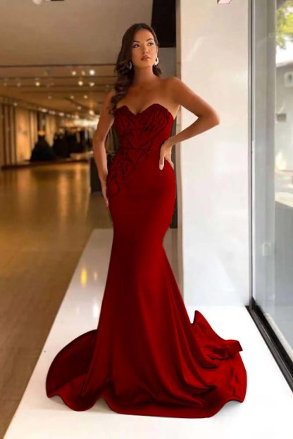 Pretty Strapless Sweetheart Sleeveless Long Mermaid Prom Dress With Beadings