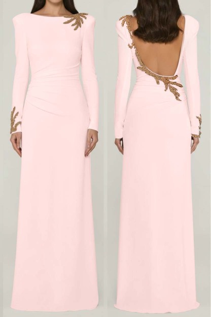 Long Sleeves Long Backless Prom Dress With Appliques Pleated