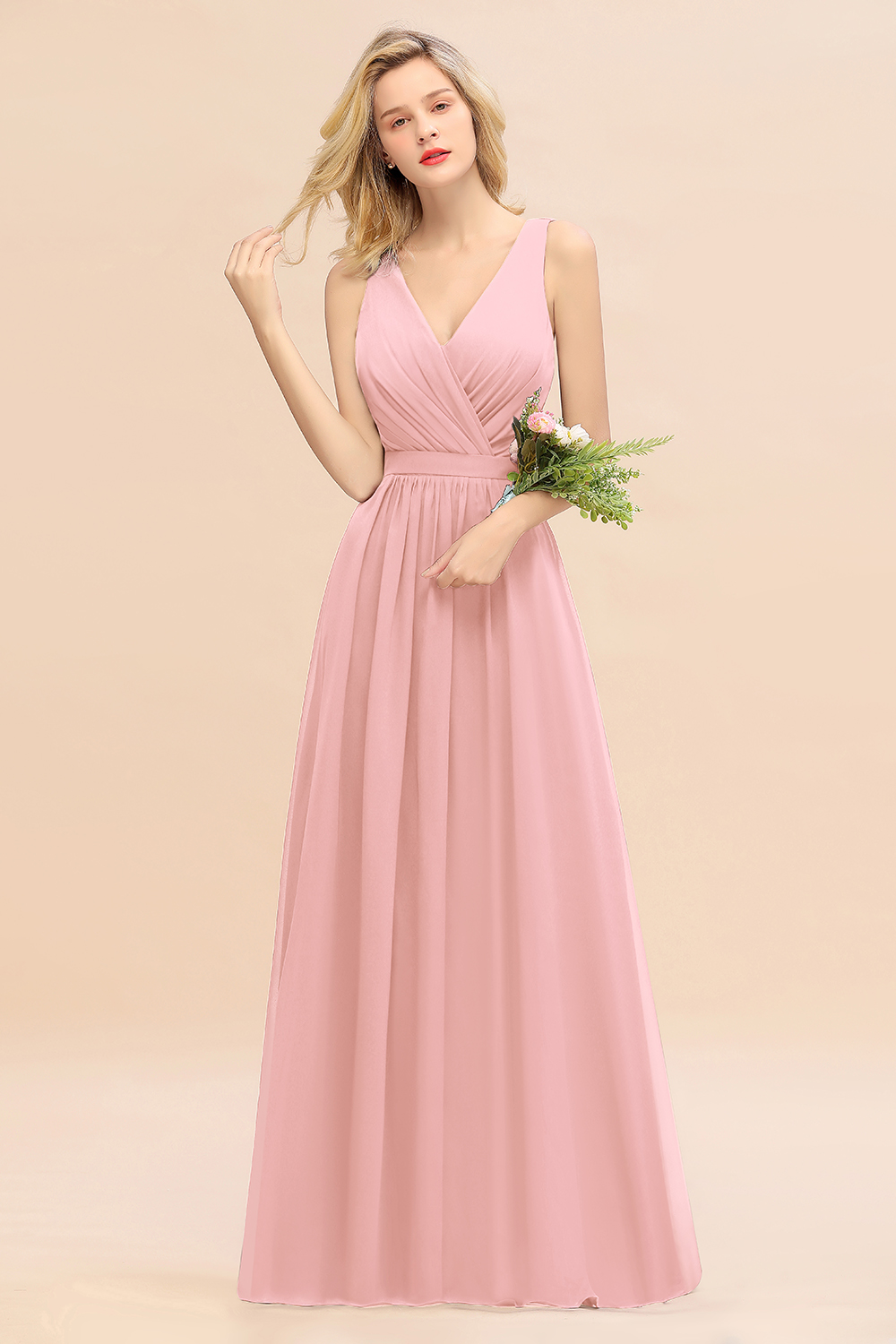 BMbridal Affordable V-Neck Ruffle Long Grape Chiffon Bridesmaid Dress with Bow-BMbridal