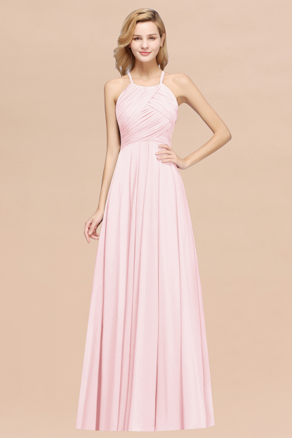 BMbridal Halter Crisscross Pleated Bridesmaid Dress Blue Chiffon Sleeveless Maid of Honor Dress-BMbridal