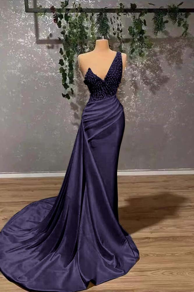 Ivory Elegant One Shoulder Sleeveless Prom Dress Mermaid Appliques With Ruffles