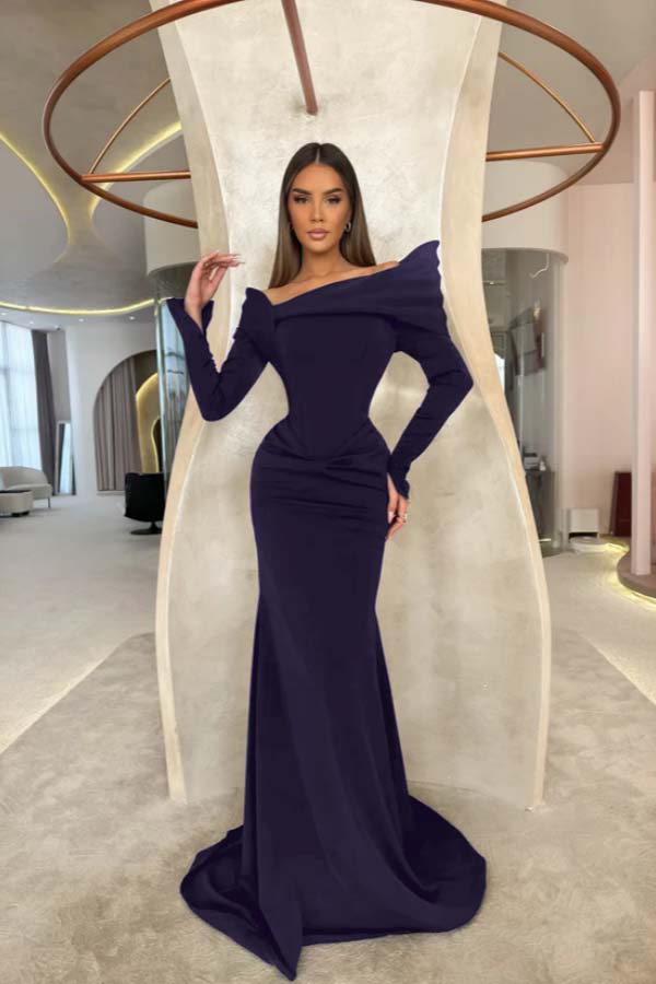 Off the Shoulder Long Sleeves Long Mermaid Prom Dress With Pleated